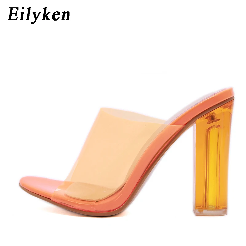 Eilyken/ г. Новые летние модные тапочки из ПВХ-Желе, прозрачные туфли на квадратном каблуке с кристаллами туфли без пяток на высоких каблуках размер 35-42 - Цвет: Orange