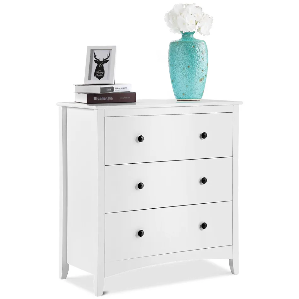 

Large Chest of 3 Drawers White Cabinet Storage Unite Wood Anti-Bowing Supports Double Handle Table Ware Clothes Storage