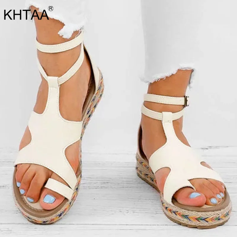 

New Summer Thong Sandals Gladiator Female Ankle Strap Buckle Cover Heels Platform Fashion Ladies Comfort Beach Shoes Plus Size