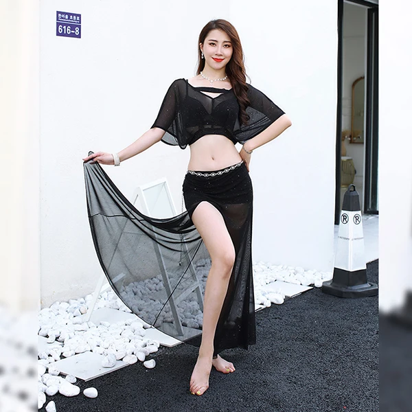 Black-2pcs Новая женская одежда для тренировок Топ для танца живота Сплит длинный костюм с юбкой комплект из 2 предметов сценический Топ Юбка Одежда - Цвет: Black-2pcs