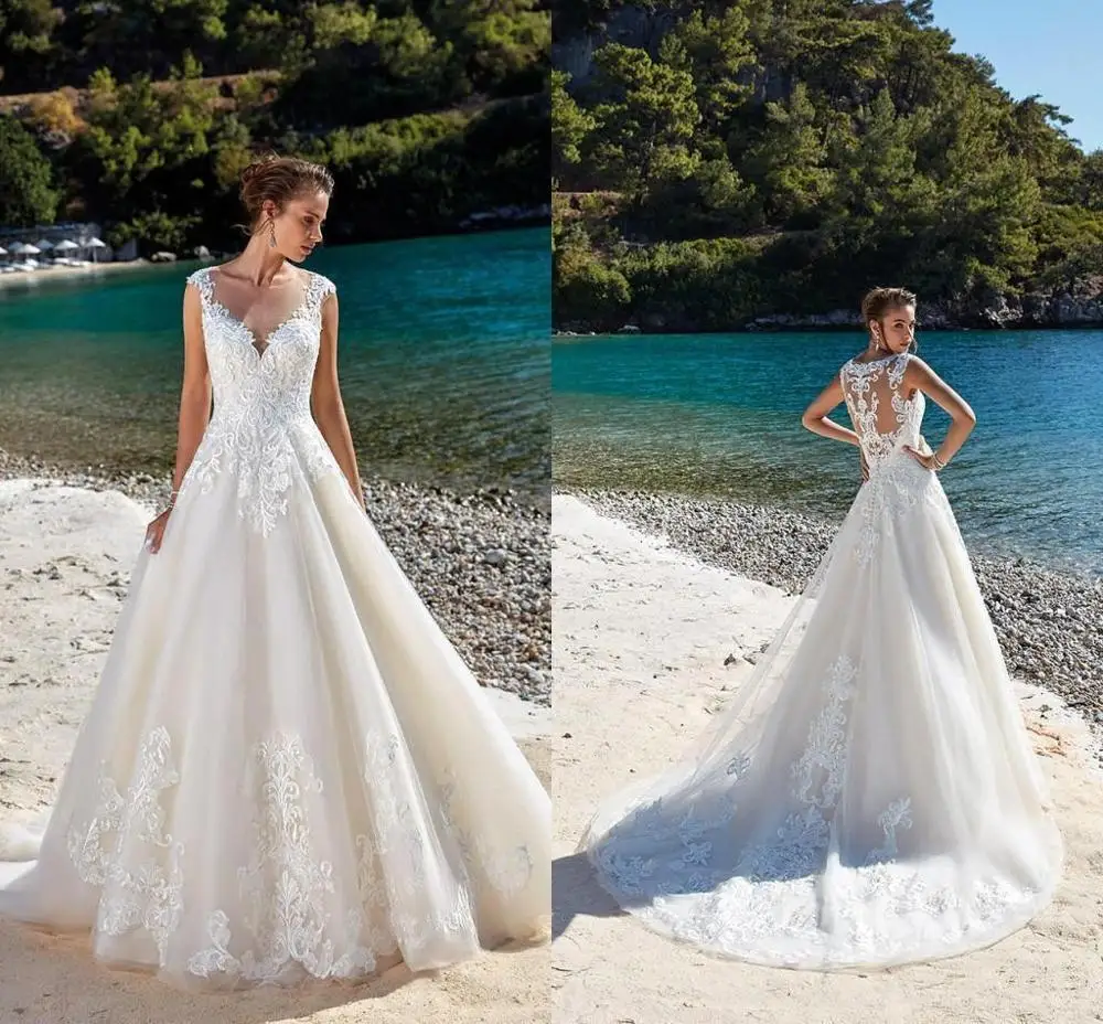 Vestido de novia белое Тюлевое платье трапециевидной формы свадебное платье элегантное платье с аппликацией из кружева, невеста, свадебное платье сексуальное платье с открытой спиной для невесты, свадебное платье