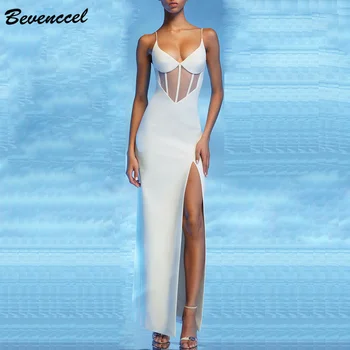 

Bevenccel New White Color Maxi Dress Women 2020 V Neck Straps Mesh Patchwork Split Bodycon Party Dress Elelgant Bandage Dress