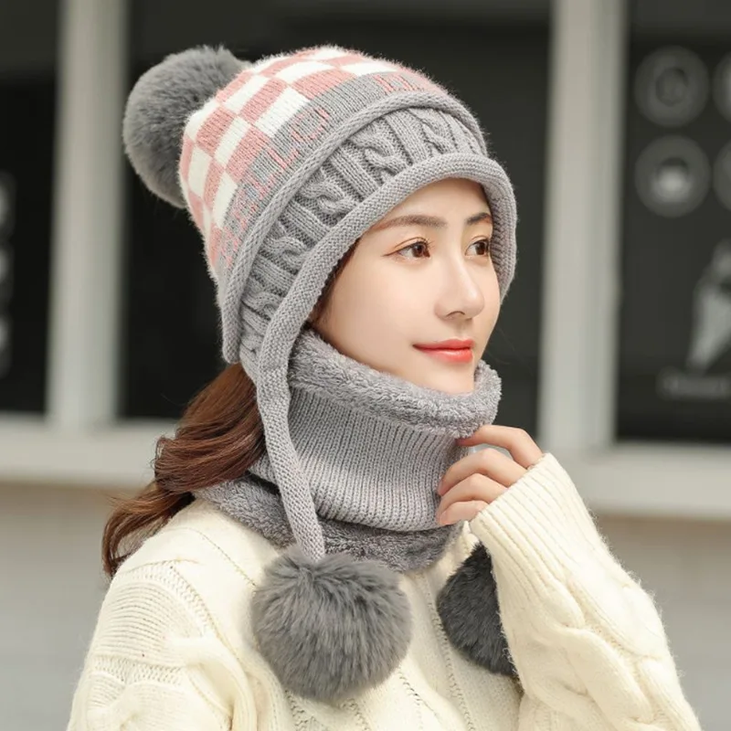 BINGYUANHAOXUAN, модные женские зимние шапки, шарф, вязаная шапка, шары помпоны, Шапка-бини, толстая женская шапка, шарф - Цвет: Hat scarf gray