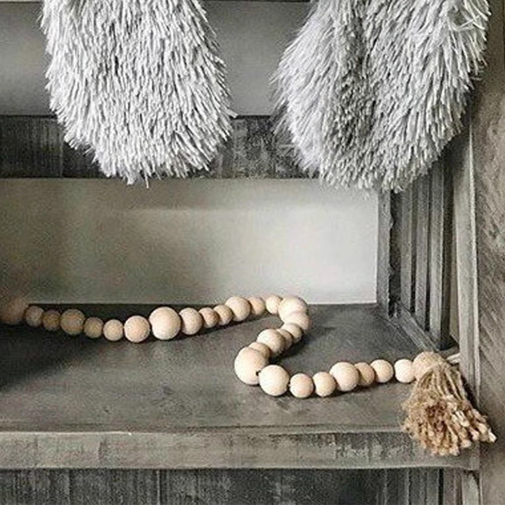 Handmade Farmhouse Rustic Home Pendant With Tassle Living Room Tray Decor Chic Bedroom Shabby Wall Hanging Wood Bead Garland