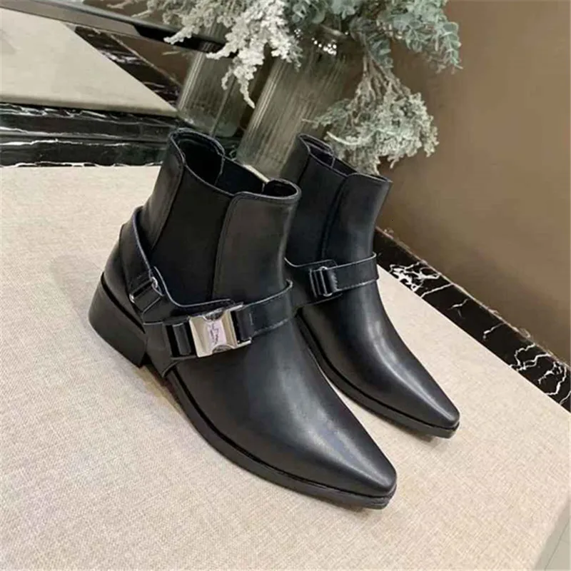 Женские ботинки; Botas mujer Invierno; коллекция года; женская обувь на среднем каблуке с пряжкой; черные ботинки «Челси» с острым носком; Botas Mujer