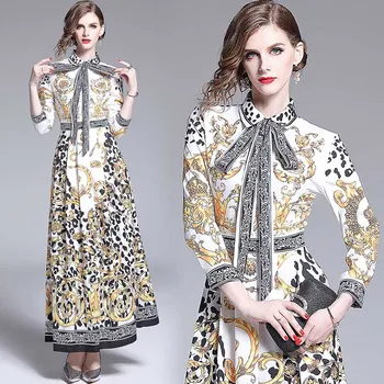 

2019 Spring Summer Fall Runway Letter Floral Print Collar Ribbon Tie Neck Long Sleeve Women Party Casual Empire Waist Maxi Dress