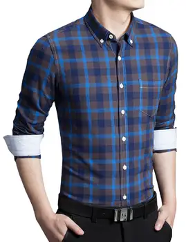 

ZACOO Young Horse Men's Spring Contrast Plaid Long Sleeve Button-down Shirt Blue 3XL