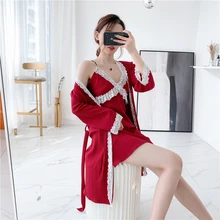 Ночная рубашка, халат, комплект из двух предметов, с длинными рукавами, для дома, для осени и зимы, Хлопковая пижама, женский халат для невесты, кружевной, сексуальный, винно-красный, на бретельках