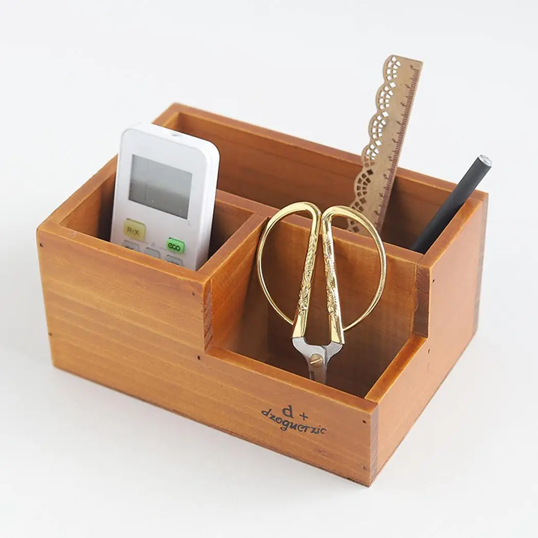

Wooden Desktop Storage Box Multifunction 3-grid Compartments Container Pen Holder Office Home Tabletop Sundries Organizer