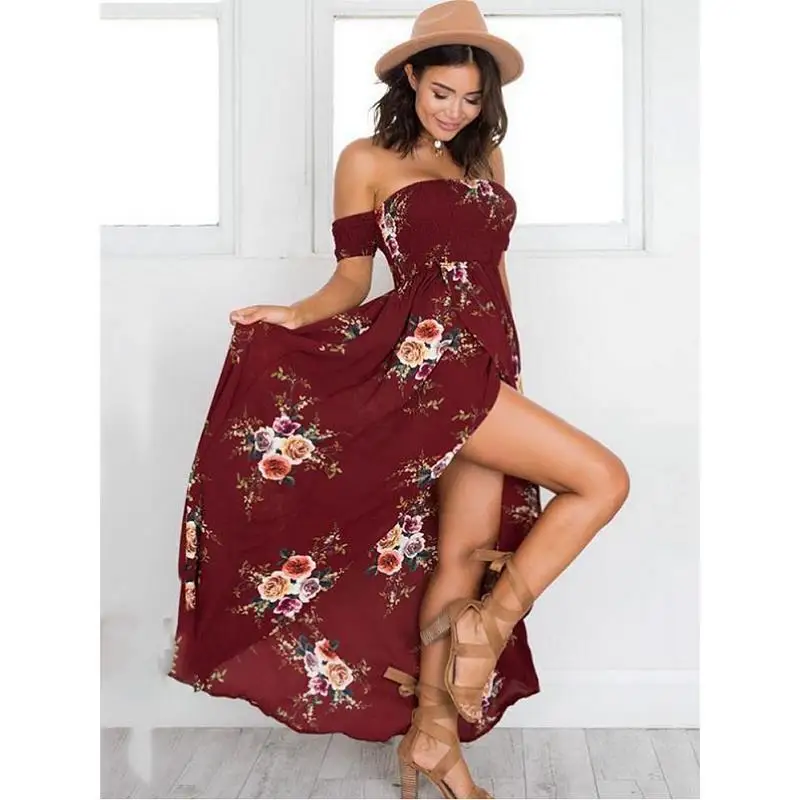 

New Style WOMEN'S Dress Europe And America Wrap-around Floral Printed Dress Holiday Beach Slit Long Skirts De0006