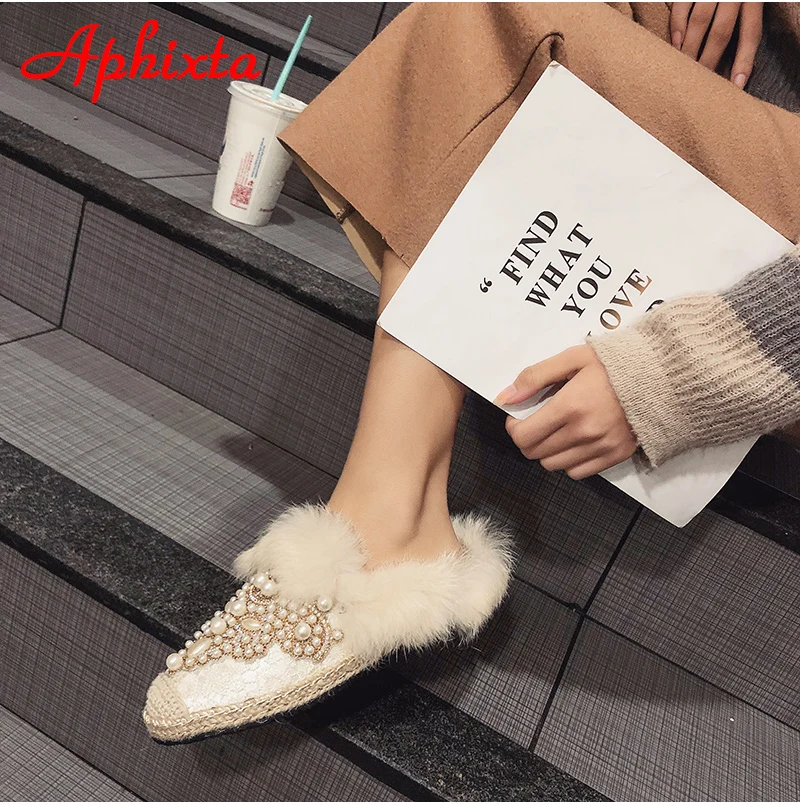 Aphixta зимние теплые тапочки с натуральным мехом; женская обувь на шнуровке с жемчугом и кристаллами; шикарная плюшевая женская обувь с натуральным кроличьим мехом