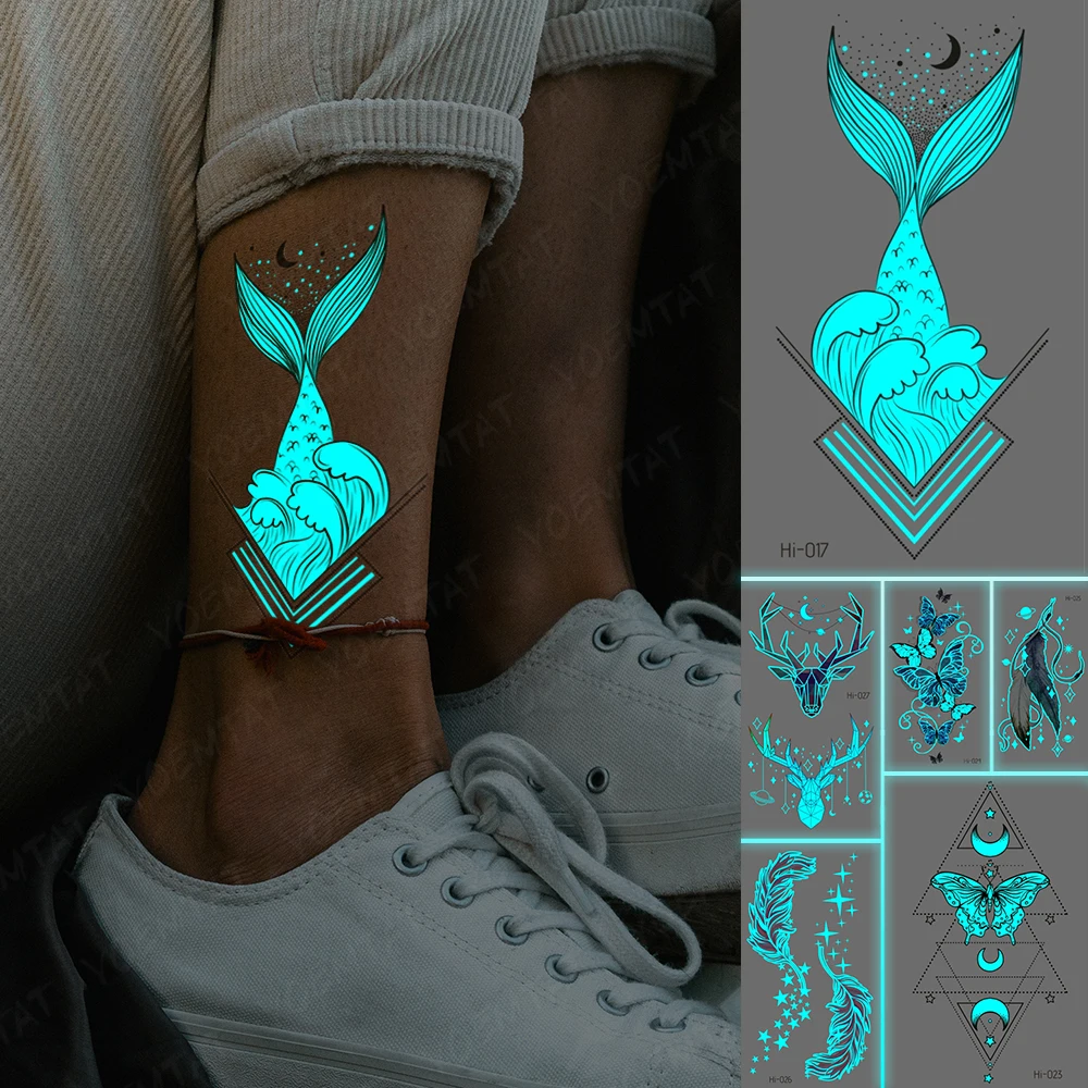 

Blue Luminous Glow Tattoo Sticker Ocean Mermaid Tail Waterproof Temporary Tatoo Feather Deer Fake Tatto For Body Art Women Men