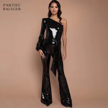 

PB Free Shipping 2020 Black Jumpsuit Sexy One Shoulder Long Puff Sleeves Sashes Embellished Celebrity Party Women Sequins Romper