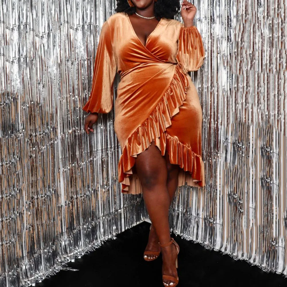 

Asymmetric Women Mini Dress High Waist African Female Party Dinner Dress Lantern Sleeve Falbala Sexy Orange Dresses Vestiods