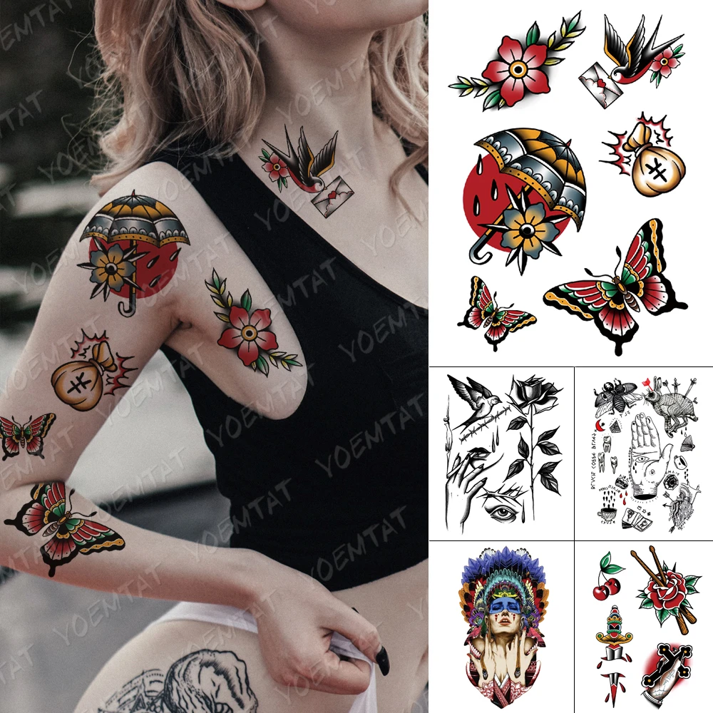 Tatouage Old School Femme Autocollants de tatouage temporaire imperméable, pour femme, parapluie,  papillon, fleur, Pigeon, Flash, bras, cuisse, Art corporel | AliExpress