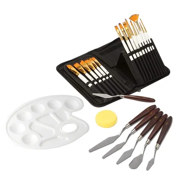 

HOT-24 Art Paint Brush Set, 15 Pack Different Brush Shapes Sizes Bonus Painting Knife Watercolor Sponge No Shed Bristles Wood Ha
