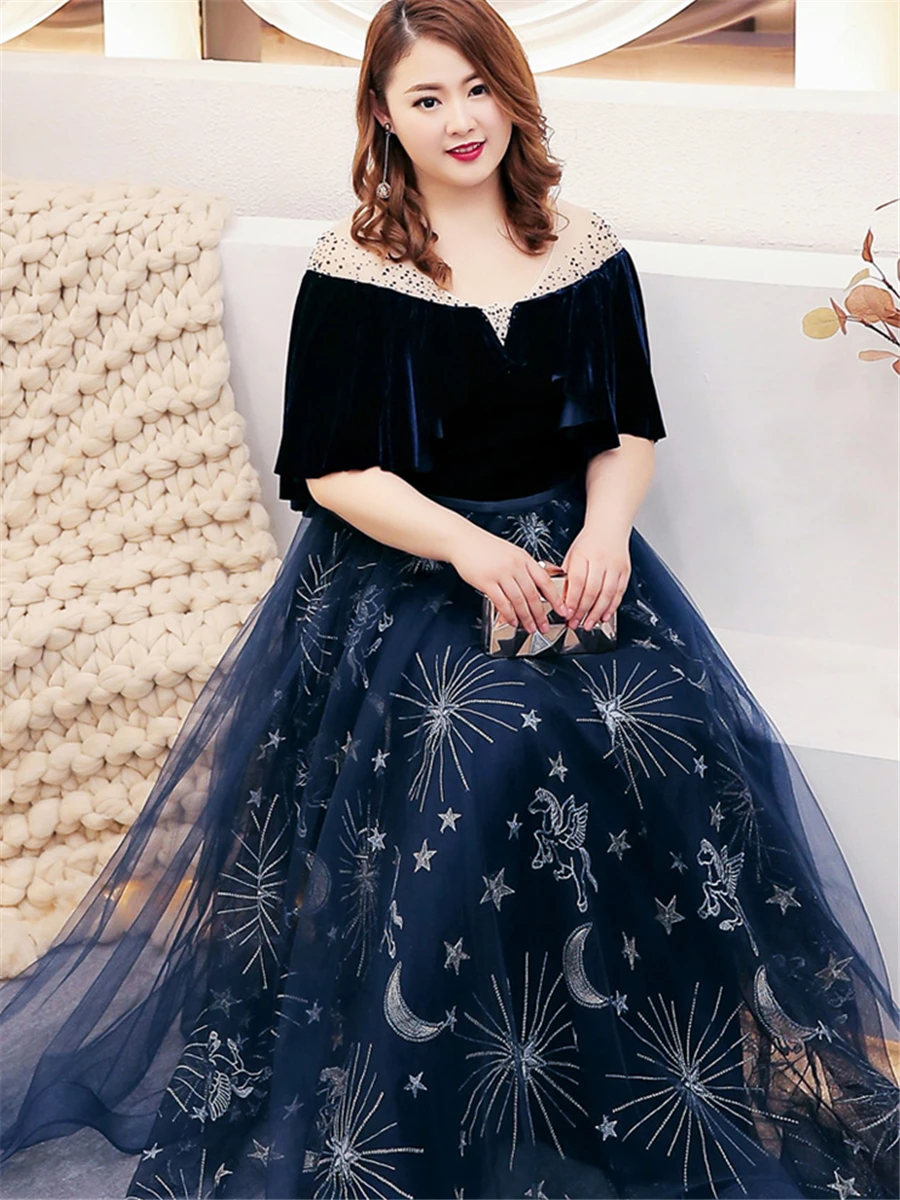 Skyyue Длина пола халат De Soiree вечерние платья плюс размер o-образным вырезом короткий рукав вечернее платье женские вечерние платья T095