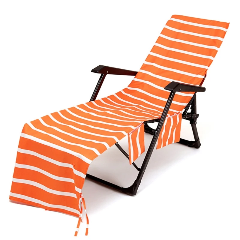 Striped Printed Chaise Lounge Chair Cover Beach Bath Towel with Side Pockets for Outdoor Patio Lawn Sun Lounger Holiday