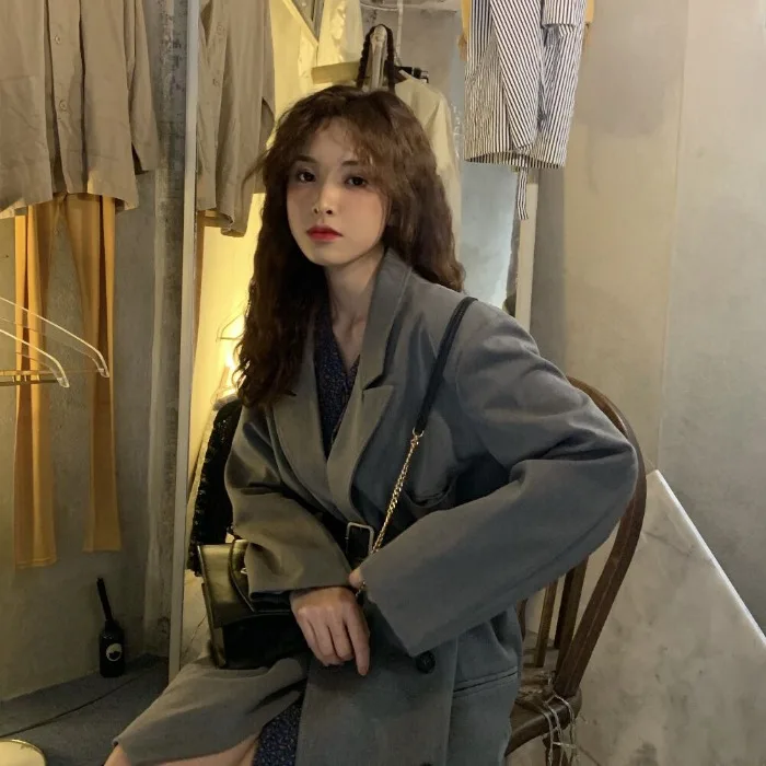 Woherb осень 2019 корейские женские блейзеры и куртки повседневные двубортные ВИНТАЖНЫЕ пальто офисные женские серые Блейзеры Feminino 22912