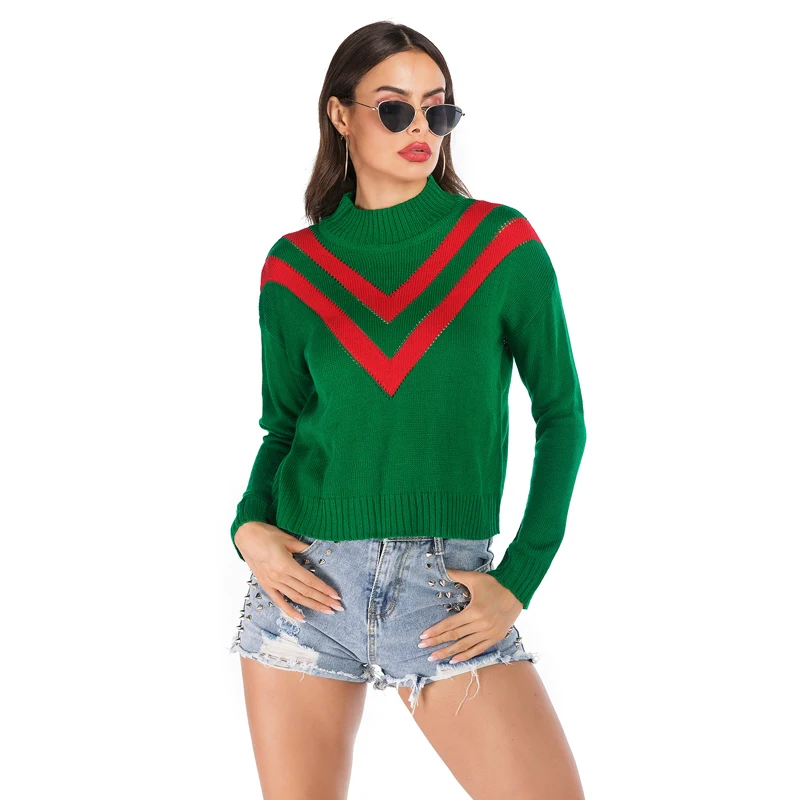 

Ladies Green Knitted Sweater Red Stripe Splicing Short Style Sweater Autumn Winter Women Long Sleeve Round Collar Pullovers