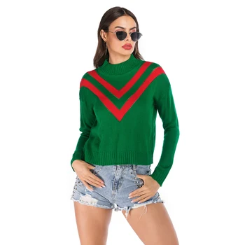 

Ladies Green Knitted Sweater Red Stripe Splicing Short Style Sweater Autumn Winter Women Long Sleeve Round Collar Pullovers