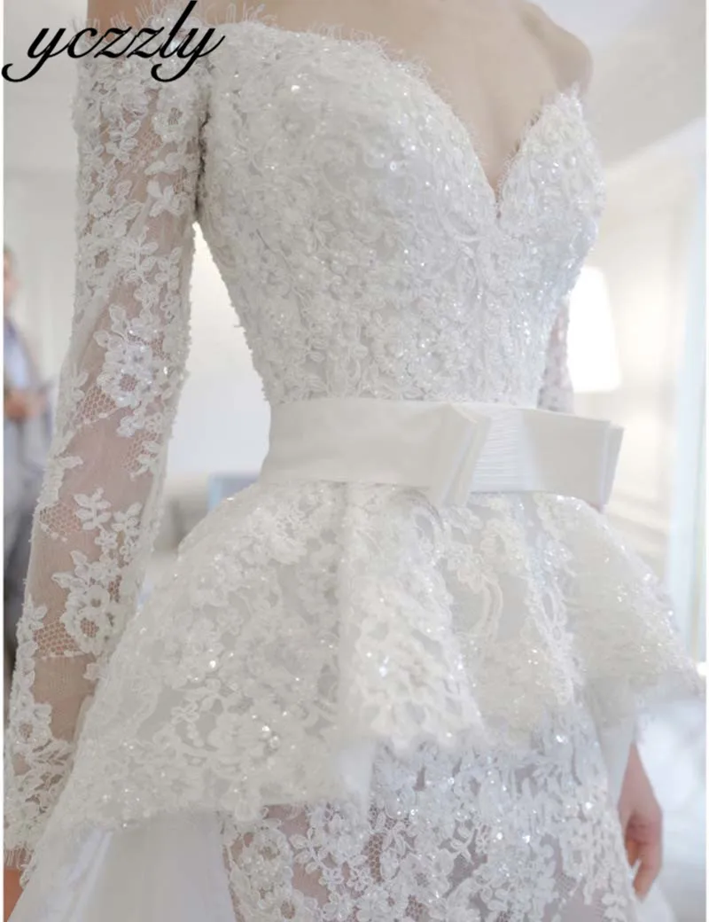 Vestido De Noiva Sereia сексуальное свадебное платье с открытыми плечами и кружевной аппликацией со съемной юбкой, платье невесты с длинными рукавами и кристаллами