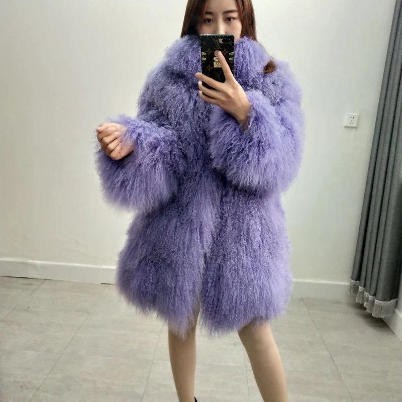 2020Women real mongolian sheep fur coat with