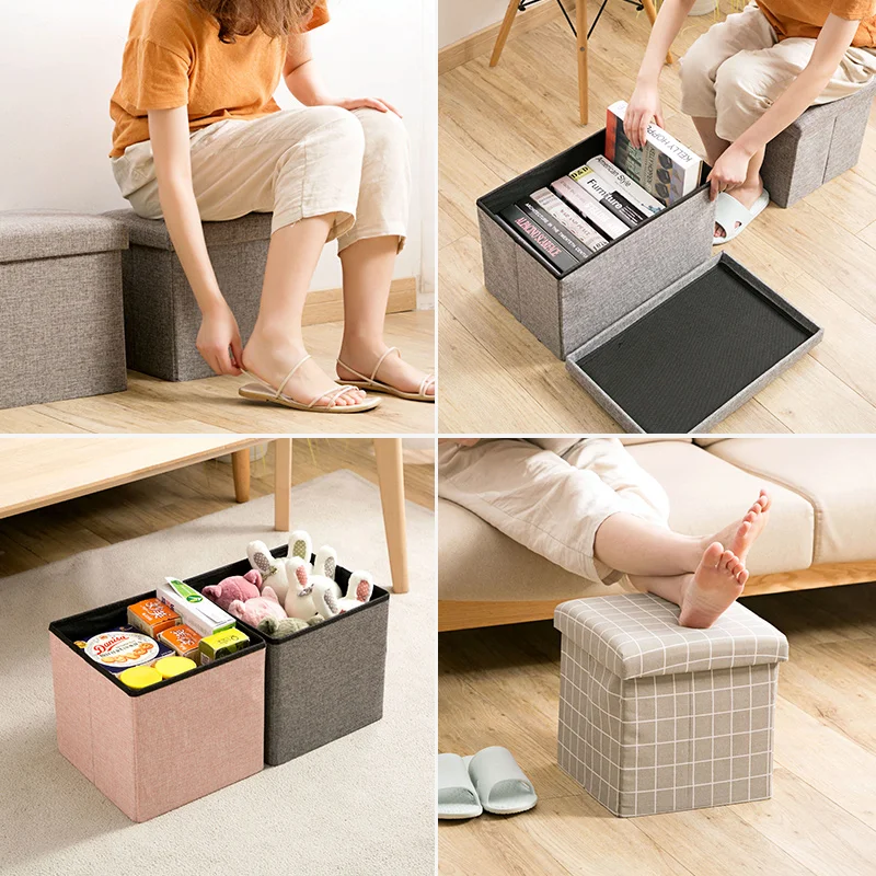 Linen Fabric storage Stool Foldable household Coffee Table Sofa Footstool Ottoman storage box change shoe bench mx9171609