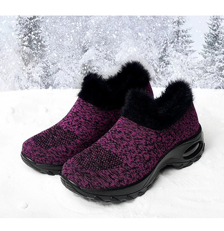 Winter Sneakers Womens Shoes Flats Platform Boots Plush Warm Walking Boots Flyknit Footwear Female Wedge Shoes Big Size 42