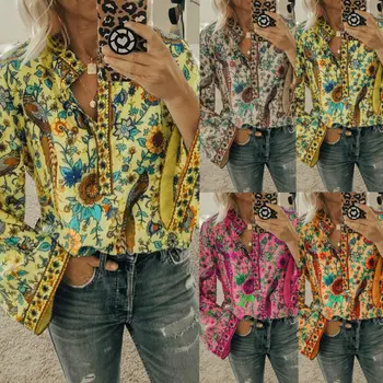 

Casual Women Shirt Blouses Floral Printed Peacock Long Sleeve Loose Blouse Ladies V Neck Shirt Top Plus Size Mujer De Moda