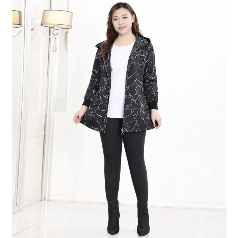 2020 Plus Size 10XL-4XL Women Long Sleeves Spring Trench Coats Femme Print Fashion Windbreaker Hoodie Oversized Clothes Zipper