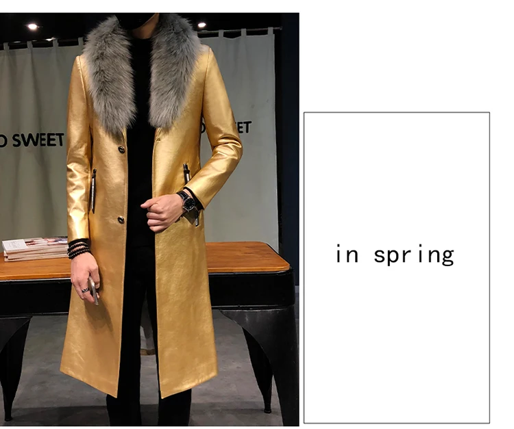 Мужские пальто, роскошные длинные золотые пальто Veste Homme, приталенные пальто Chaqueta Cuero Hombre, большой меховой воротник, мужские пальто из искусственной кожи
