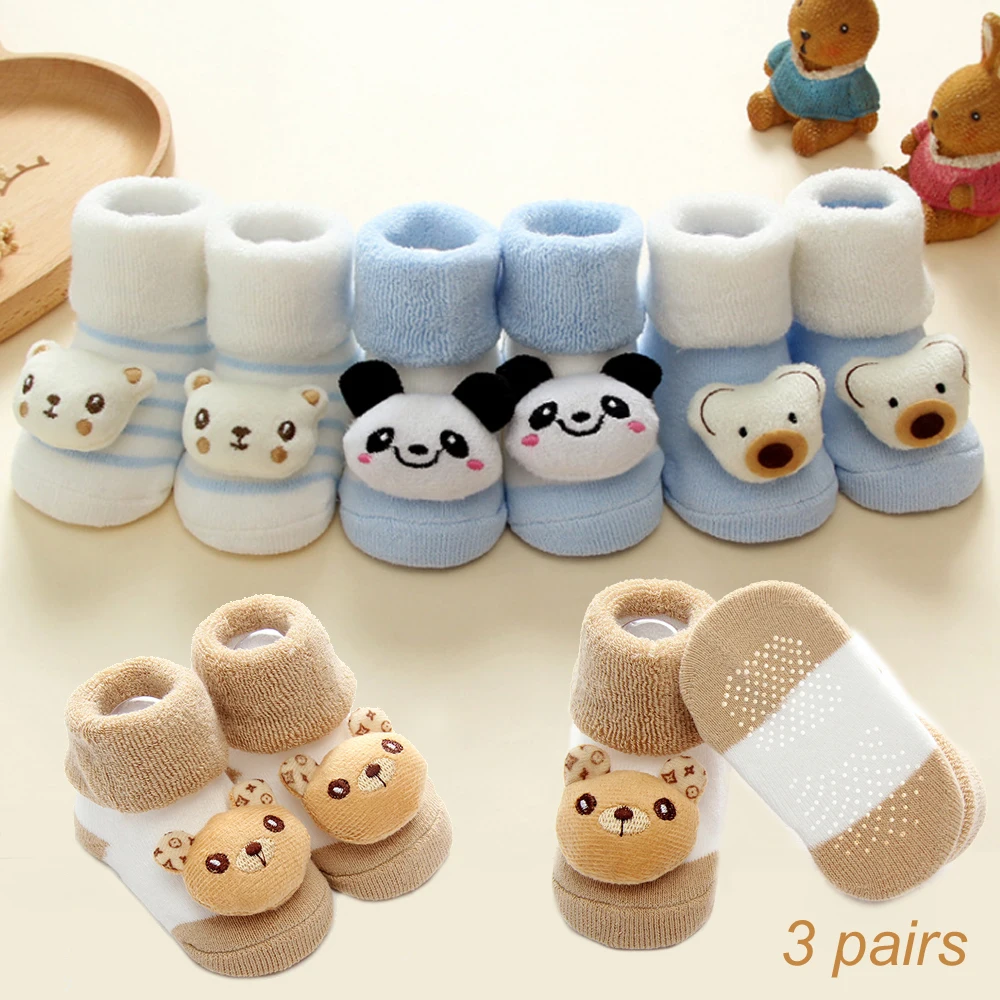 3 пары милых Противоскользящих носков для маленьких мальчиков и девочек Тапочки для новорожденного с героями мультфильмов обувь для детей от 0 до 18 месяцев