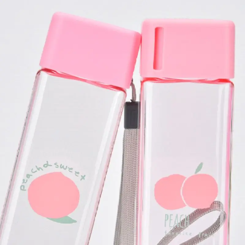 Pink Portable Water Bottle Milk Storage peach-print Sports Drinking Clear Cup For Home School Office
