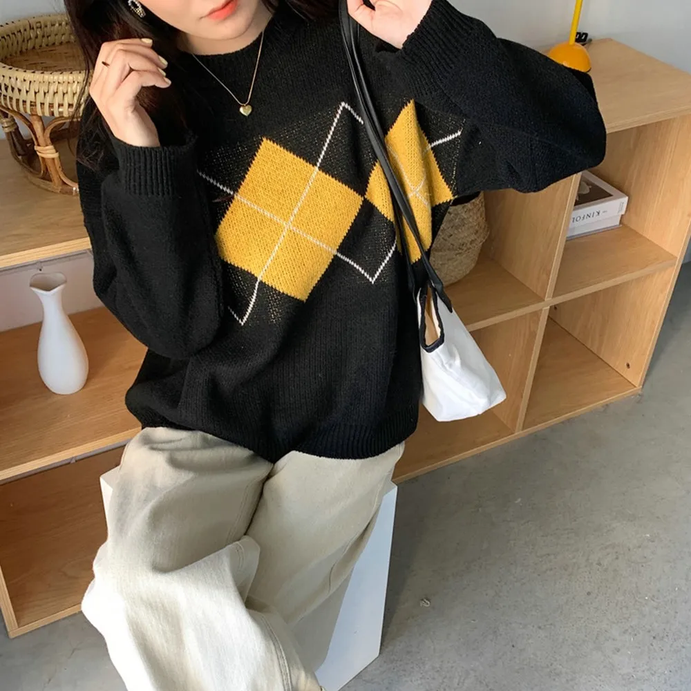 Women Korean Autumn Winter Long Sleeve O-neck Classic Argyle Sweater Knitted Warm Casual Pullovers Back To The Basics Jumper Top long sweater