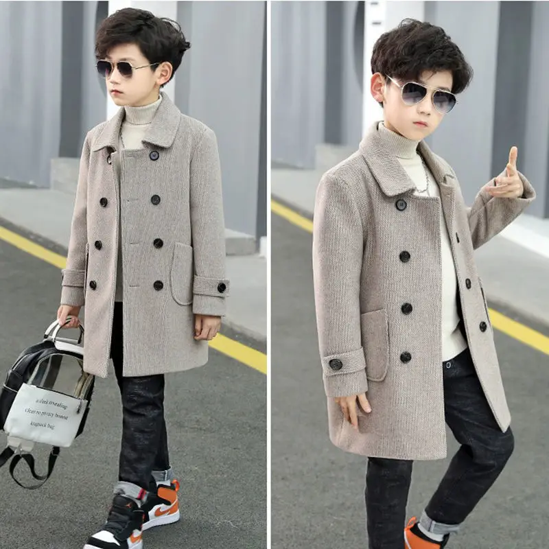 Korean Boys Wool Winter Coat England Style Kids Thick Outerwear Fashion Kids Woolen Long Jackets Children Warm Coats