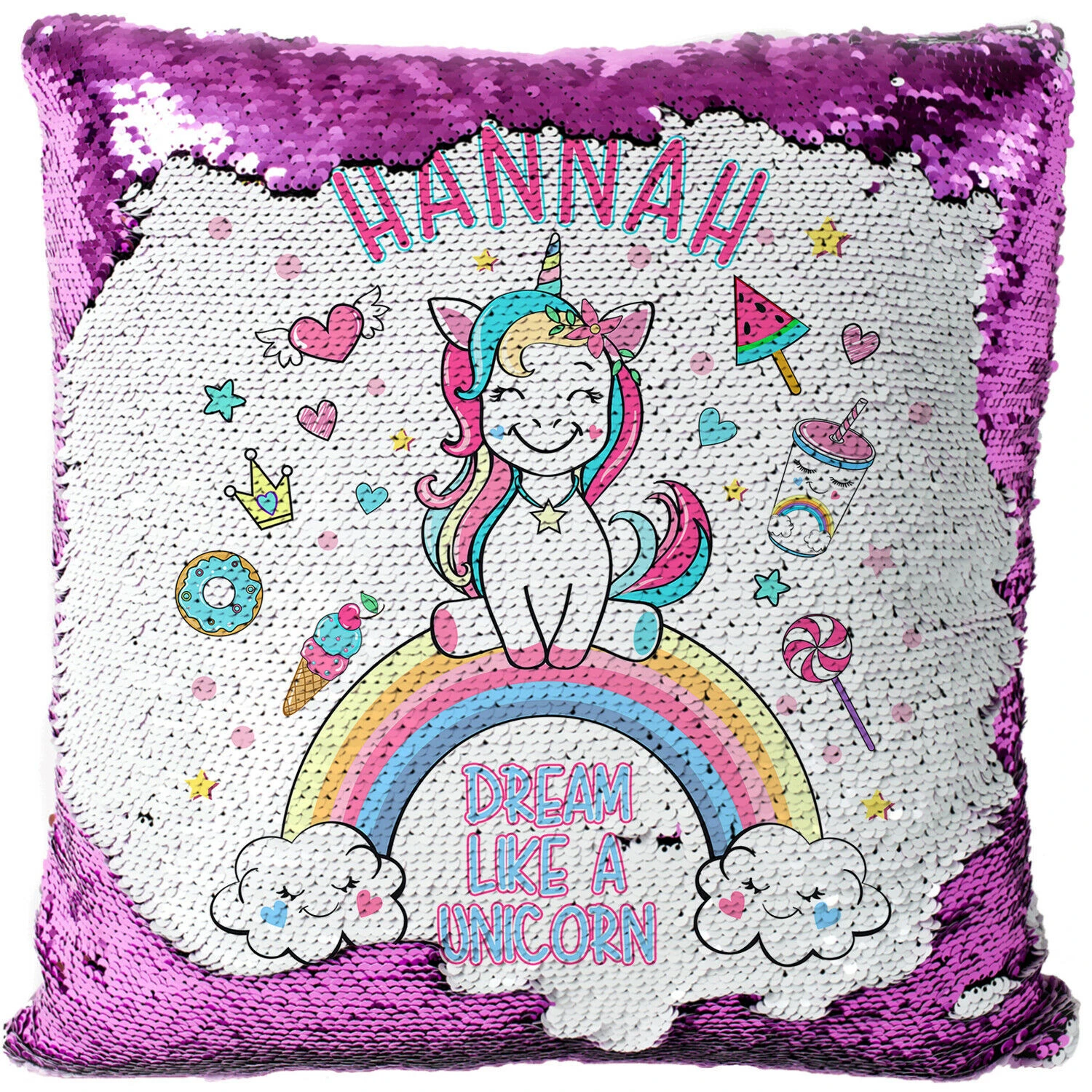 Personalised Sequined Unicorn Magic reveal cushion cover any name//perfect gift