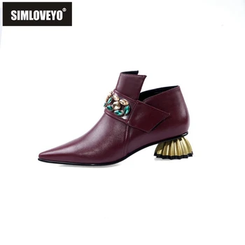 

SIMLOVEYO Women Genuine Lether Autumn Pumps Pointed Toe Strange style Heels Beading Rhinestone Big Size 34-43 Red wine Casual