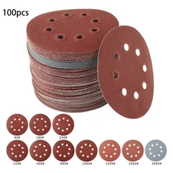 Disques de Ponçage de Forme Ronde de 125 mm, Tampons de Polissage en Feuille avec Boucle à Crochet pour Ponceuse à 8 trous, lot de 100 pièces 