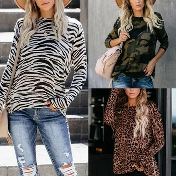 

European And American New Style Striped Camouflage Bottoming Long-sleeved Sweater Top T-shirt Women's Clothing