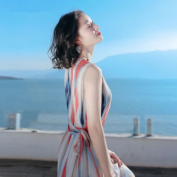 

Summer Woman Bohemian Sleeveless Tank Dress Looes Striped Beach Dress New O-Neck Lace Up Slim Chiffon Maxi Dresses Vestidos WX57
