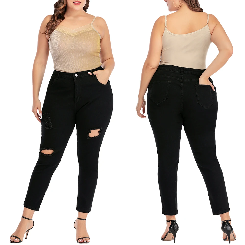 4XL Plus Size Women Jeans Solid Colour Mid Waist Denim Pants Ladies Casual Pockets Ripped Jeans Skinny Female Jeans jeansy D30