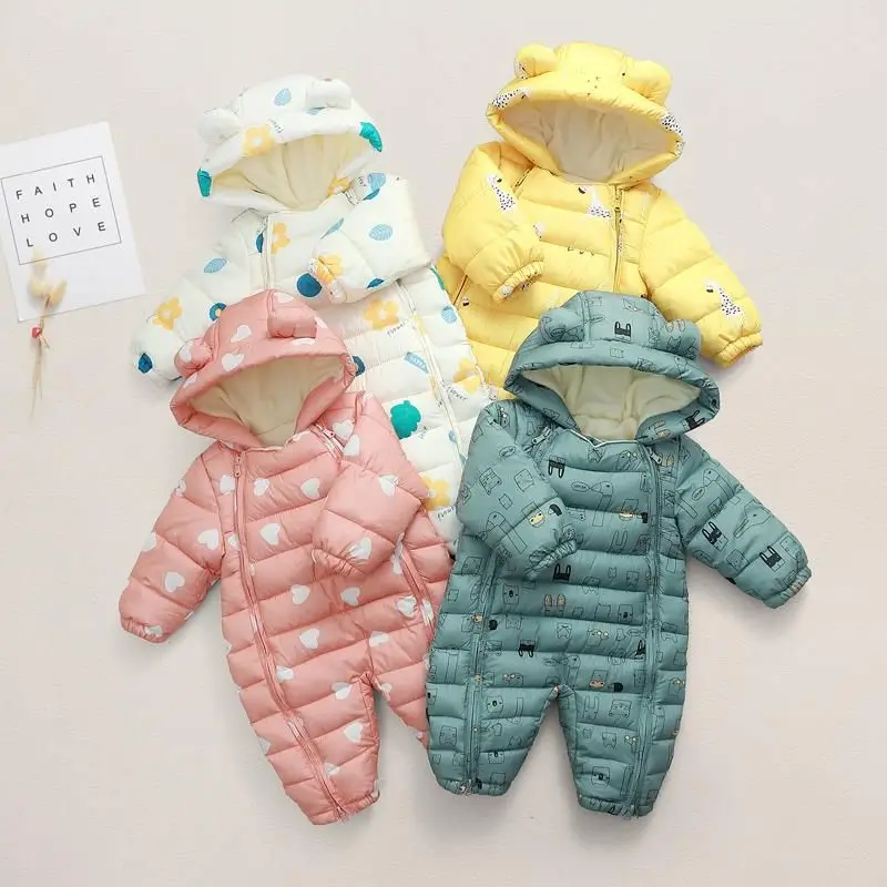 

Infant Winter Overalls Coat Hooded Winter Baby Snowsuit Hooded Plus Velvet Warm Girl Rompers Printing Toddler Baby Boy Jumpsuit