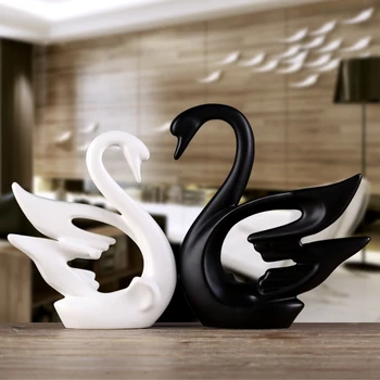 

THINKEASY Black Swan Lovers Home Decor Ceramic Crafts Porcelain Animal Figurines Wedding Decoration Lovers New Year Gift