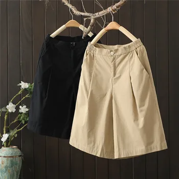 

safari style cotton women shorts summer vintage high wiast pocket wide leg solid knee-length casual female shorts top quality