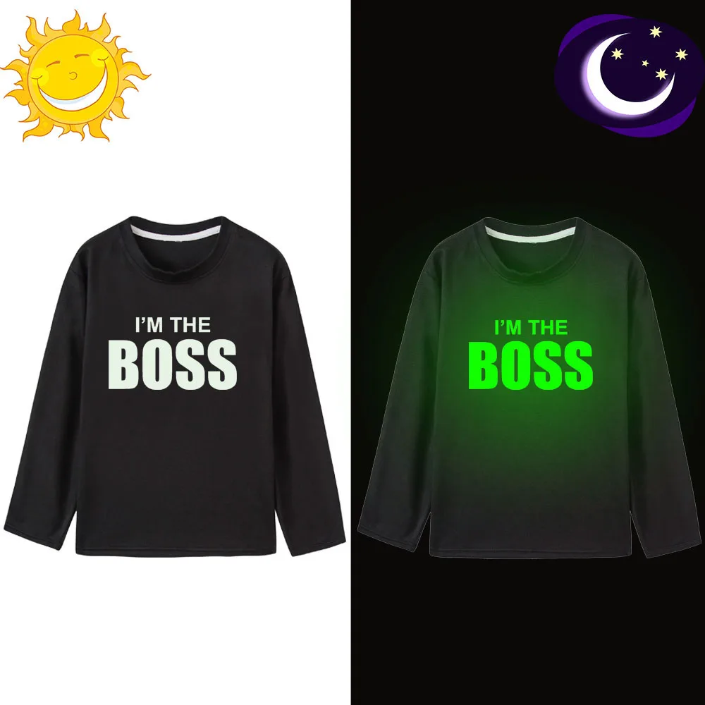 Светящаяся футболка с длинными рукавами и надписью «I AM BOSS» для мальчиков, футболка, топы для девочек-подростков 1, 2, 3, 4, 5, 6, 8, 10, 12 лет, футболка для маленьких мальчиков-подростков