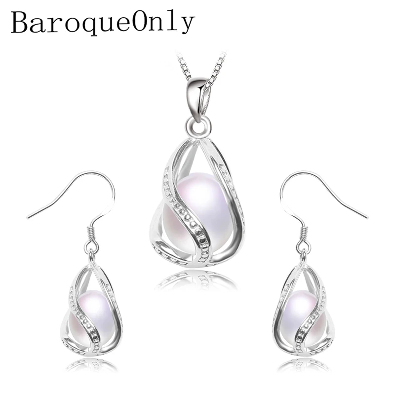 Baroqueonly 925 отличный комплект из серебра пресноводное украшение с жемчугом Наборы серьга с кристаллами ожерелье набор для женщин полый Винтаж большая распродажа TC