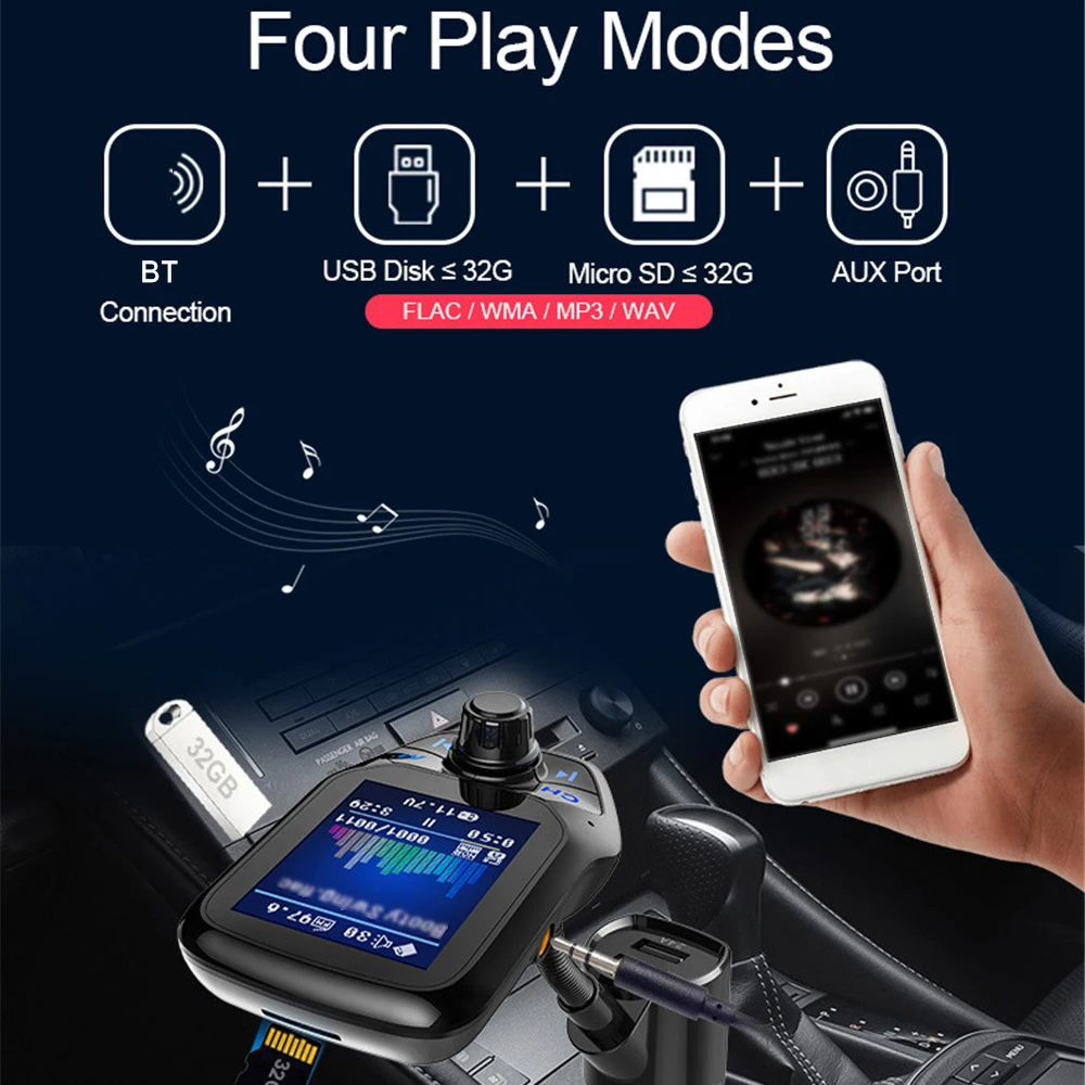 T43 Car MP3 Player Multi-function BT5.0 FM Transmitter Dual USB Chargers Support Hands-free TF Card U Disk Music Play