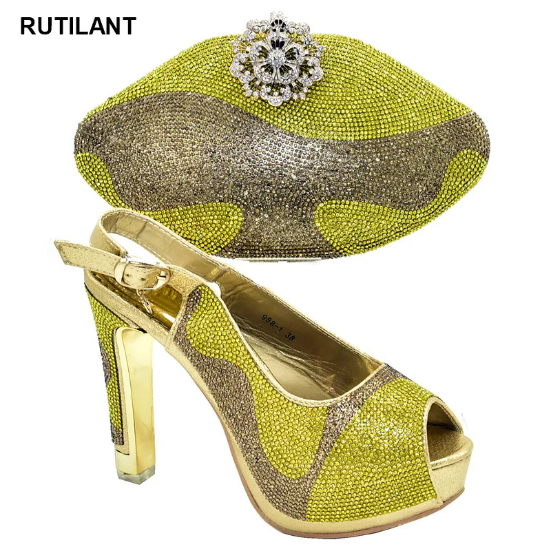 

Gold Color Ladies Italian Shoes and Bag Set Decorated with Rhinestone High Heeled Shoes for Women African Shoes Bag Sets 2019