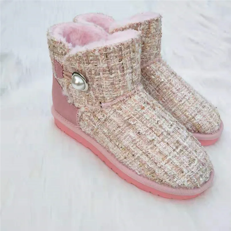Новые стильные женские зимние ботинки; модные теплые Брендовые женские зимние ботинки из натуральной кожи; Botas Mujer - Цвет: pink plush insde